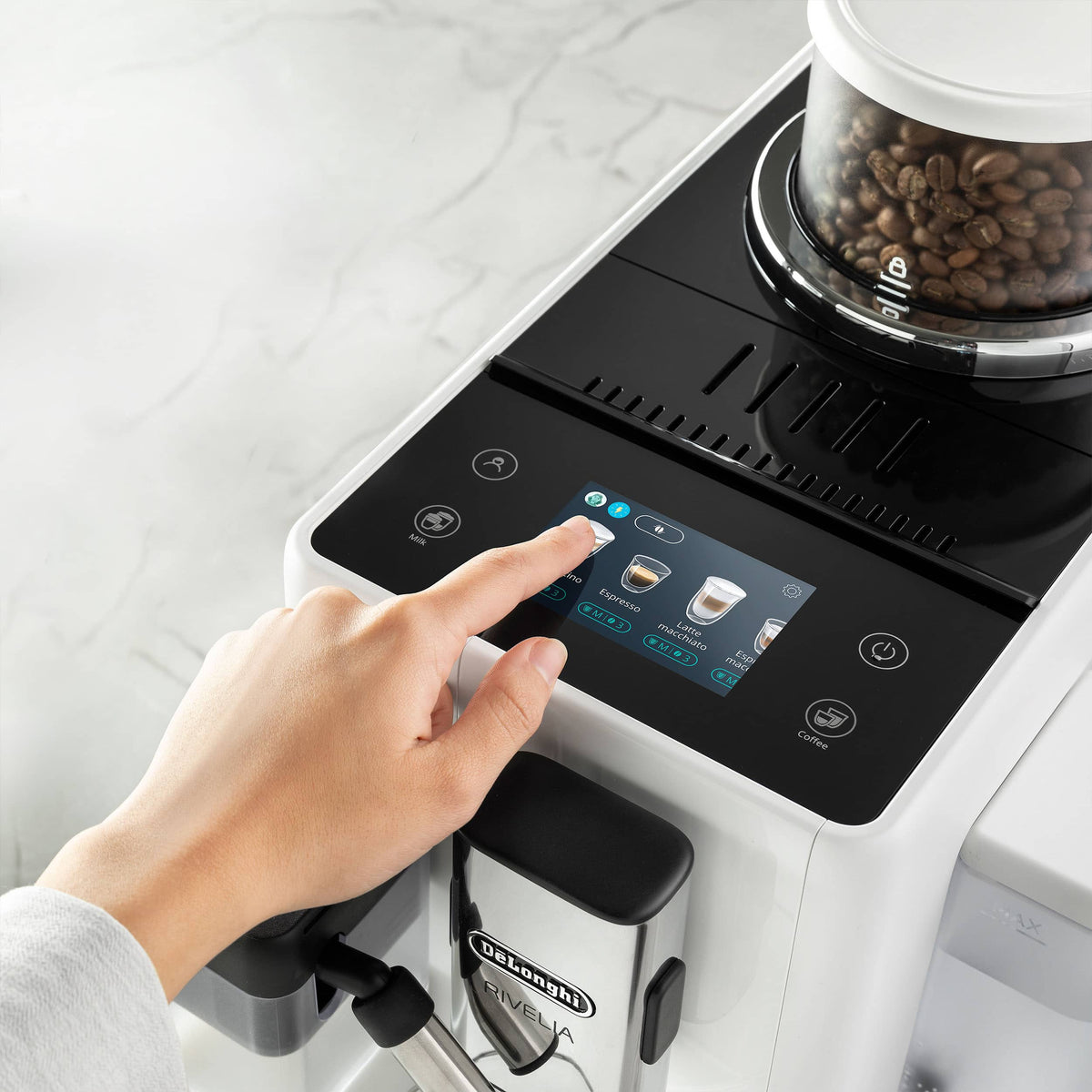 De'Longhi - Rivelia Fully Automatic Espresso Machine, Integrated Grinder, 2 Removable Bean Hoppers, Automatic Milk Frother - Arctic White