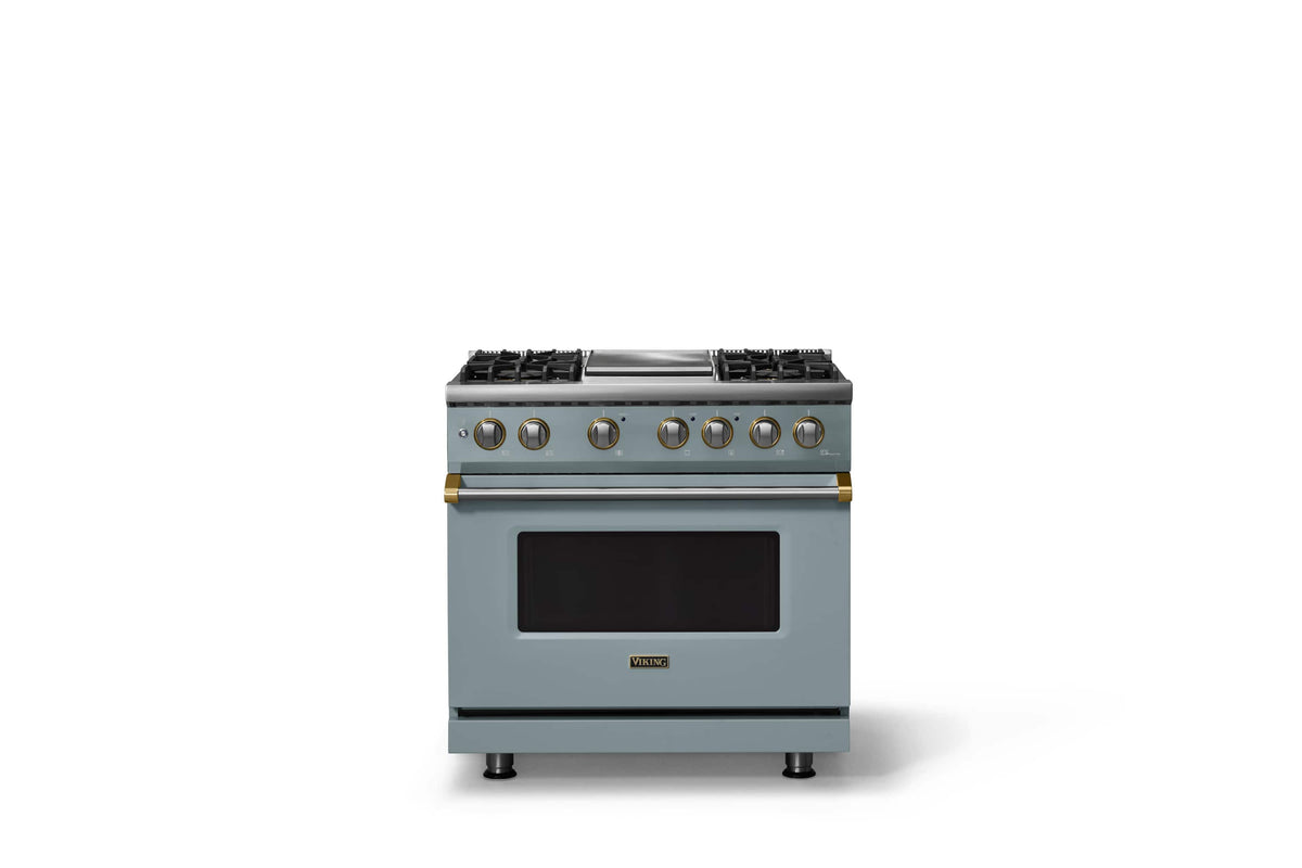 Viking - 36"W. Pro5S 5.6 Cu. Ft. Freestanding Self-Clean Sealed 4B LP DF Convection Range/Grdl-November Sky/Brushed Brass - November Sky