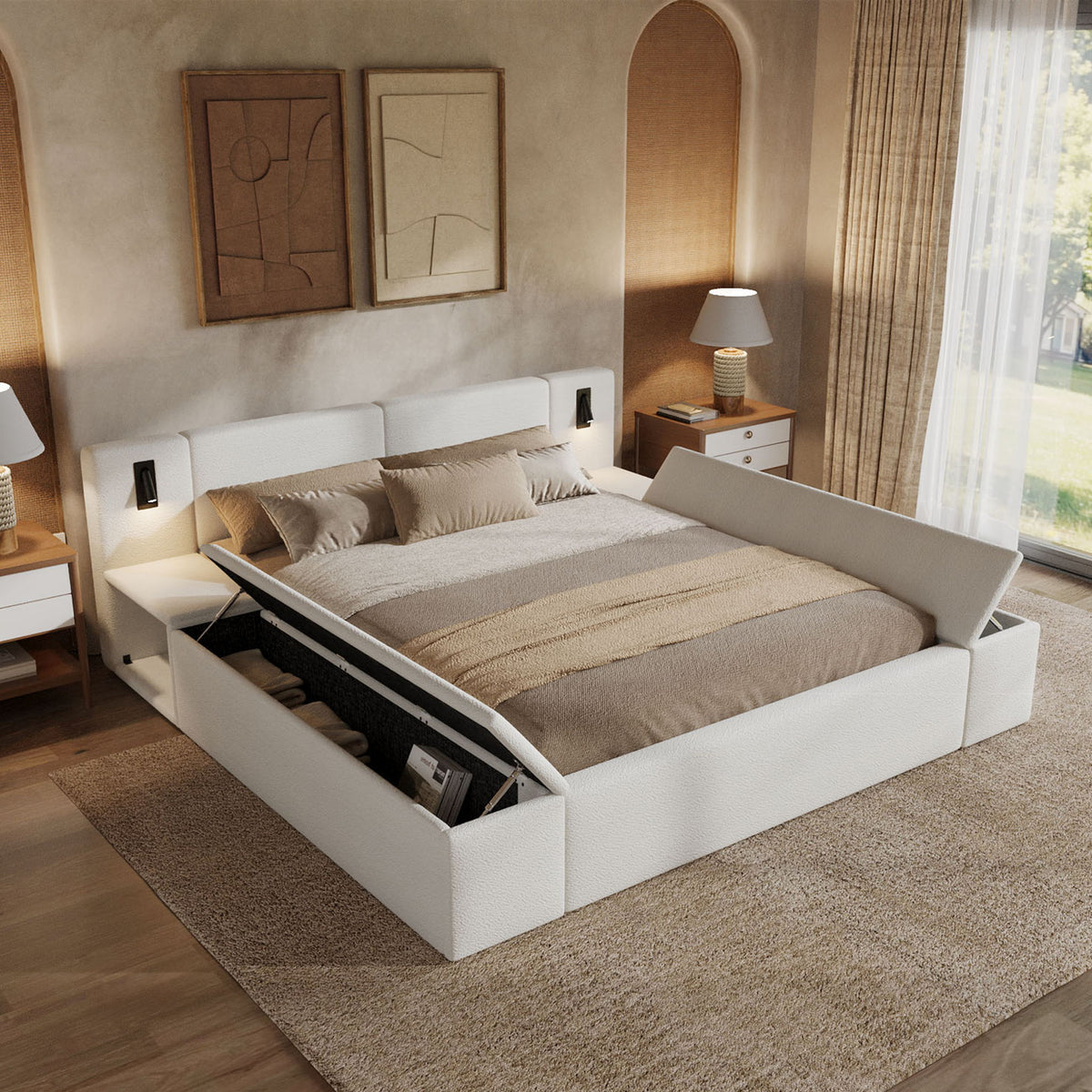 Estructura de cama tapizada con plataforma, almacenamiento oculto, mesitas de noche integradas y luces LED de lectura