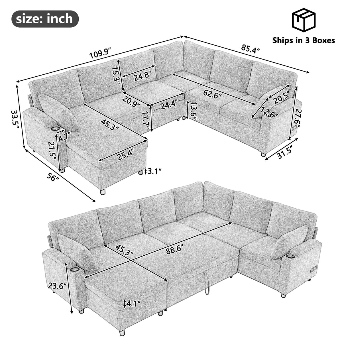 U-Shaped Sectional Sleeper Sofa With Ample Storage Space, 2 Cup Holders And Charging Ports For Living Room