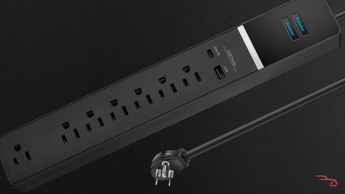 Rocketfish™ - 7-Outlet/1-USB/1-USB-C 2160 Joules Surge Protector Strip - Black