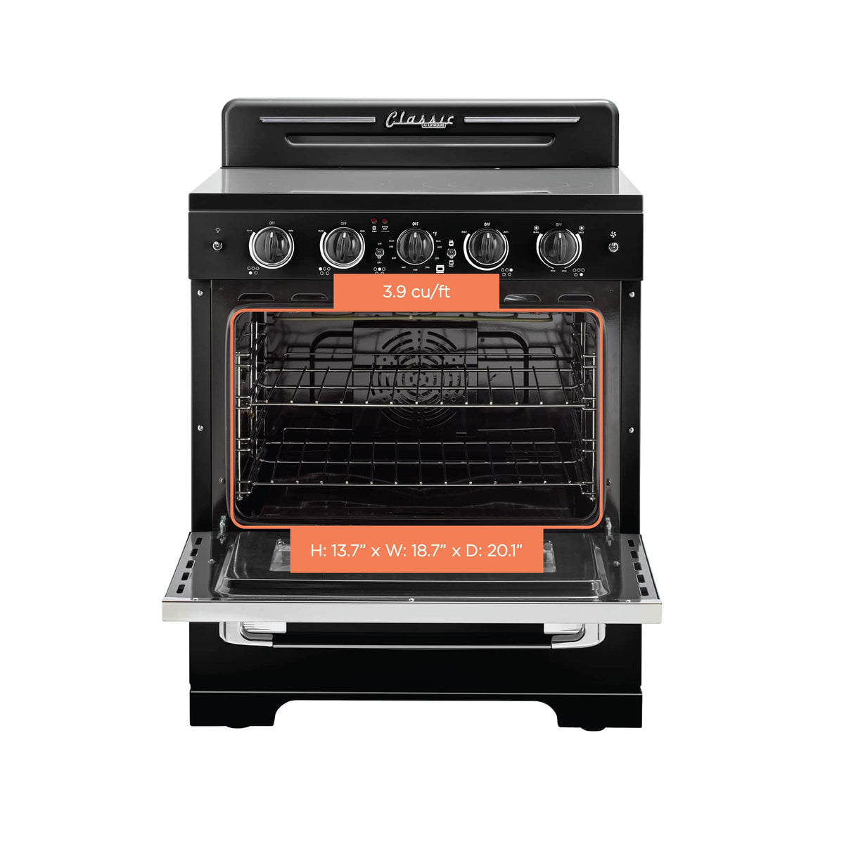 Unique Appliances - 30 in. Wide 5 Elements Classic Retro 3.9 Cu. Ft. Freestanding Electic Convection Range with Glass Top and Storage Drawer - Midnight Black