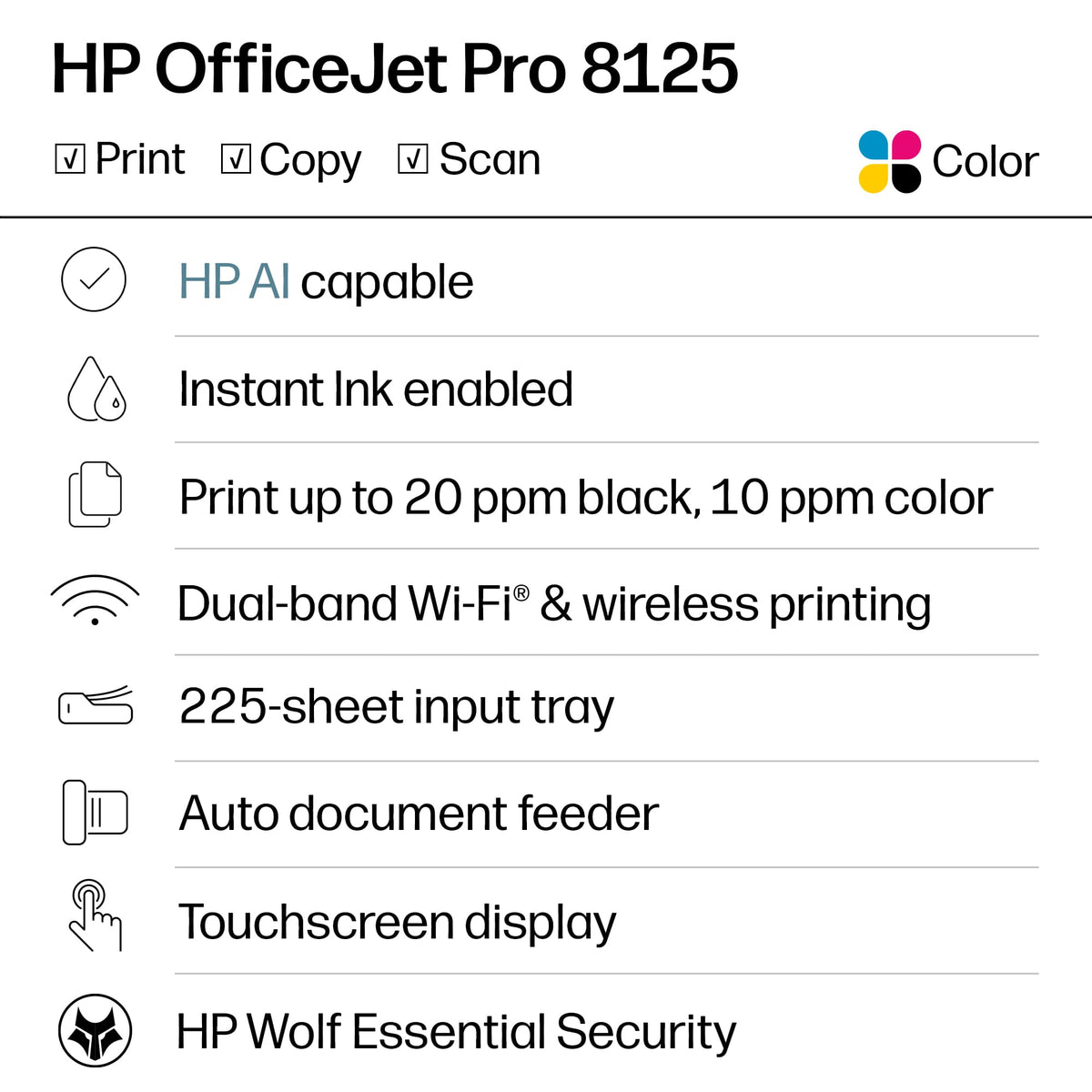 HP - OfficeJet Pro 8125 Wireless AI-Enabled All-in-One Inkjet Printer with 3 Months of Instant Ink - White
