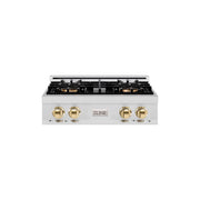 ZLINE - 30 in. Wide 4 Burner Autograph  Satin Steel Classic Built-In Gas Cooktop DuoPro and Gold Accents (PCRTSZ-30-G) - Stainless Steel