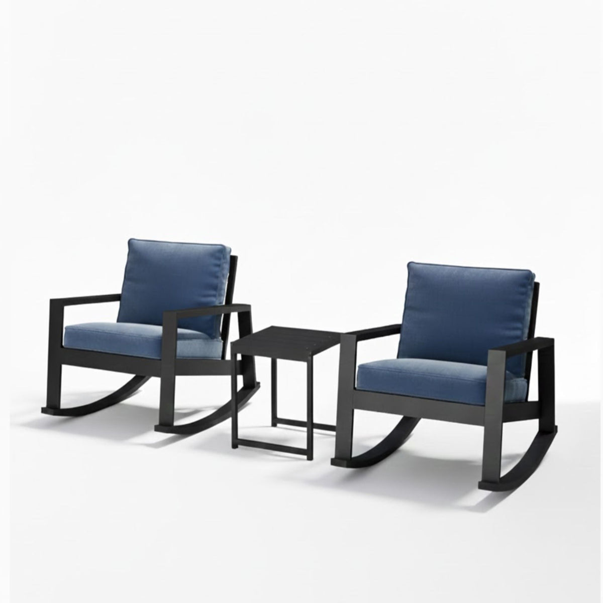 Outdoor Rocking Bistro Set Of 3, Oversized Rocking Chairs With Cushions And Side Table - Black / Blue