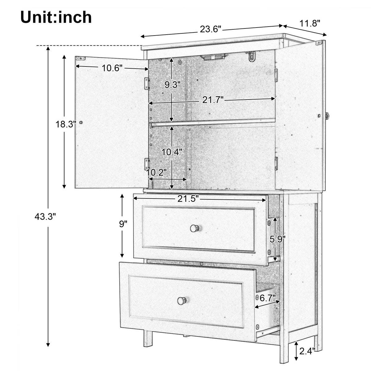 Gabinete de almacenamiento para baño con 2 puertas y cajones, estante ajustable