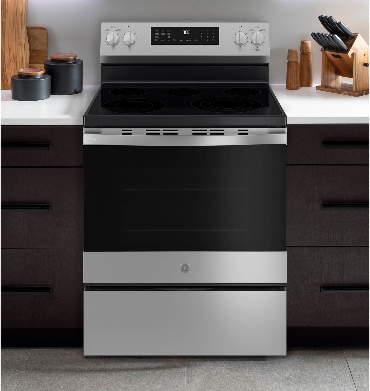 GE Profile - 30" Wide 5 Elements 5.3 Cu. Ft. Freestanding Electric Convection Range w/ Steam Clean, Air Fry, and EasyWash Oven Tray - Stainless Steel