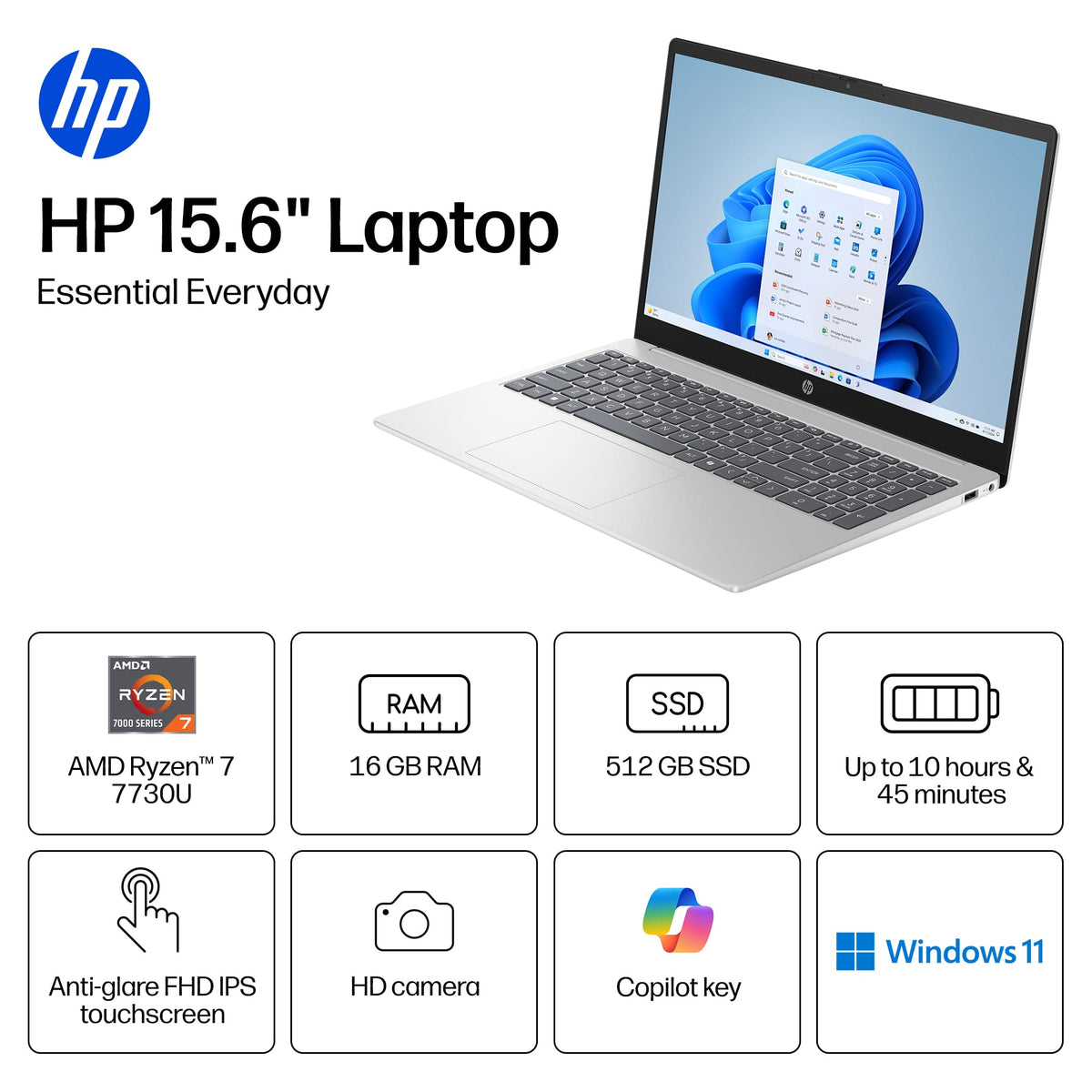 HP - 15.6" Full HD Touchscreen Laptop - AMD Ryzen 7 (2023) - 16GB Memory - 512GB SSD - Natural Silver