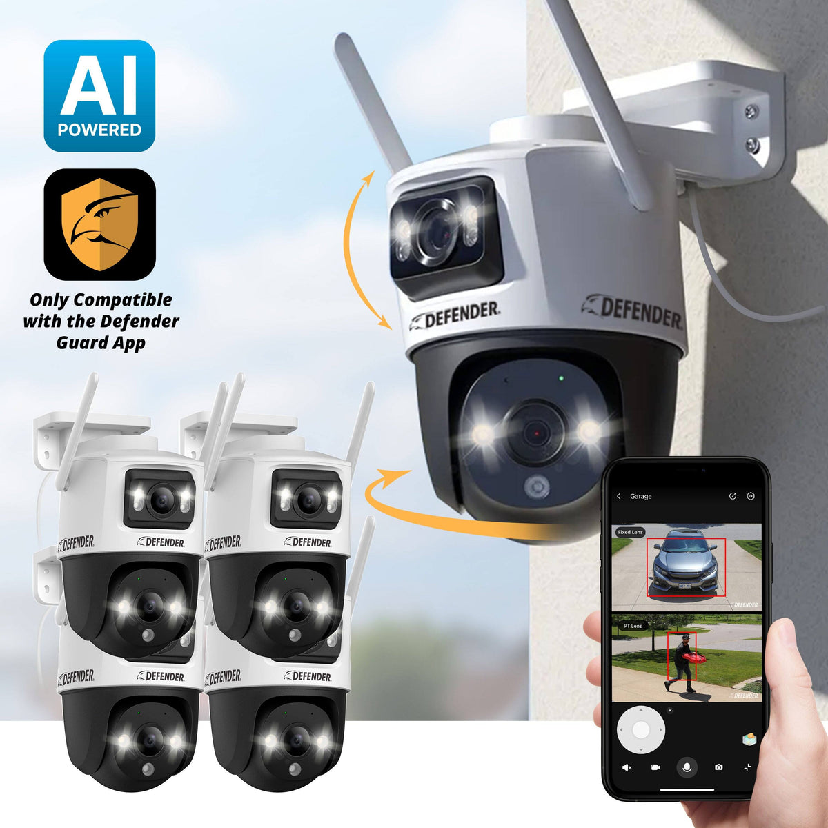 Defender - AI POWERED Guard Pro 3K PLUS Dual Lens PTZ Wi-Fi 6 Plug-in Security Camera - 4 Pack - White