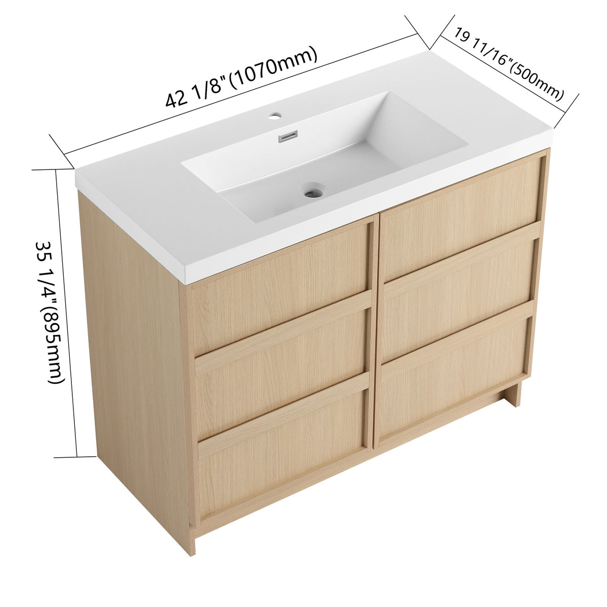 Tocador de baño independiente de 42" con lavabo y 2 puertas de gabinete de cierre suave - Roble / Blanco
