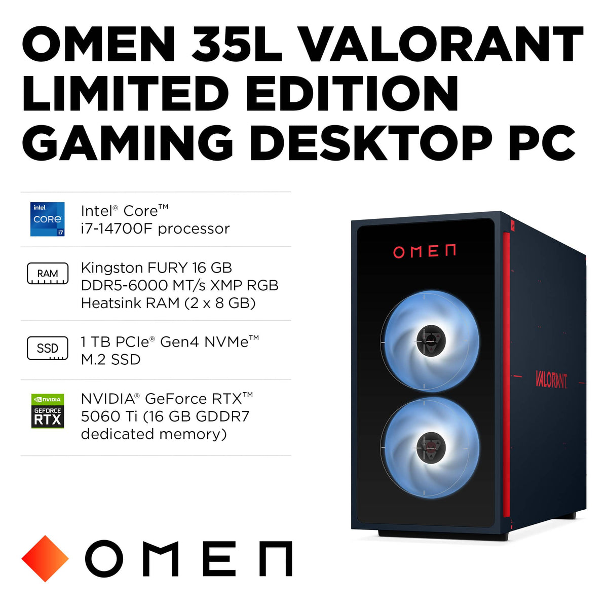 HP OMEN - 35L VALORANT Ltd. Ed. Gaming Desktop - Intel Core i7-14700F 2024 - 16GB Memory - NVIDIA GeForce RTX 5060 Ti - 1TB SSD - Navy