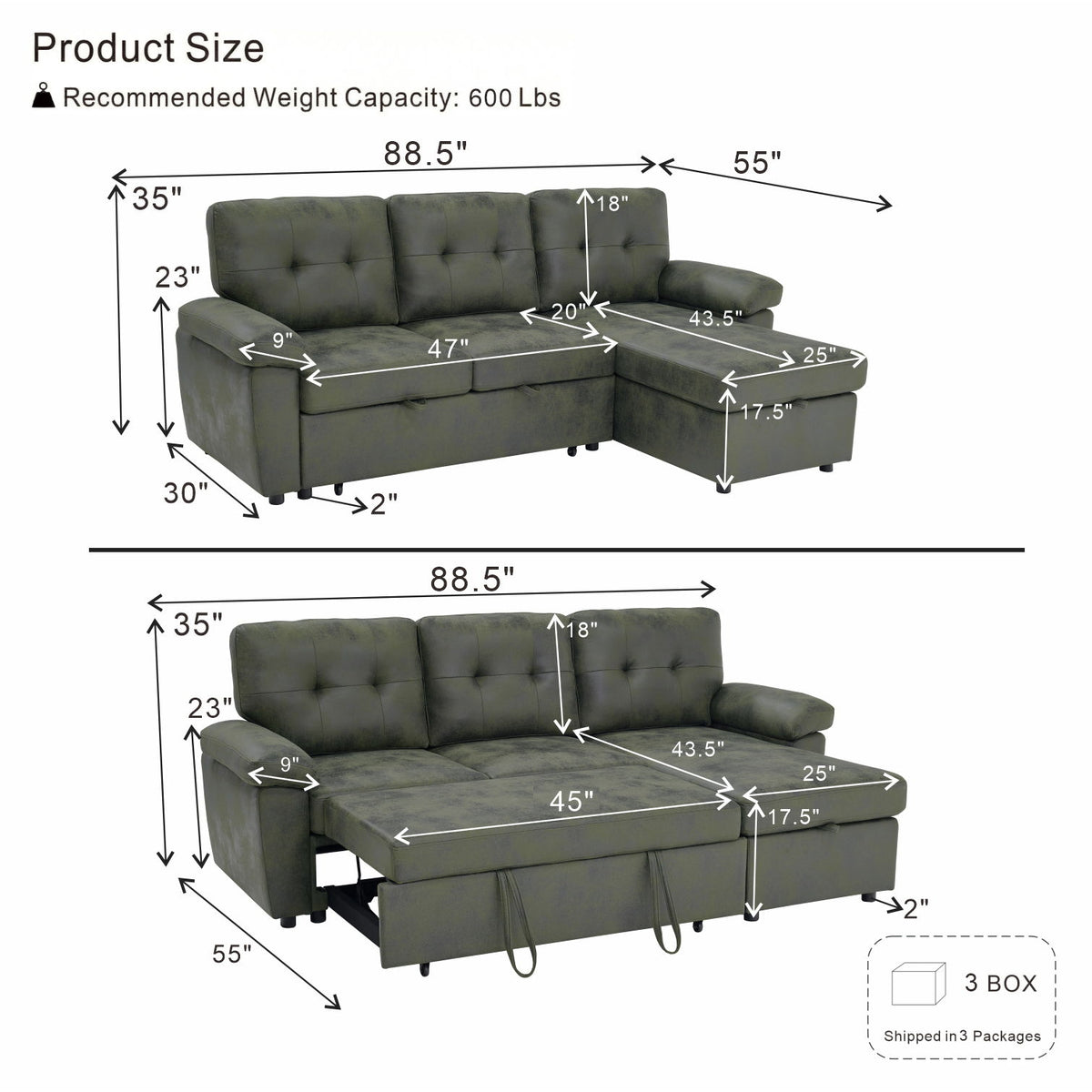 Convertible Sectional Sofa Bed With Pull Out Sleeper And Storage