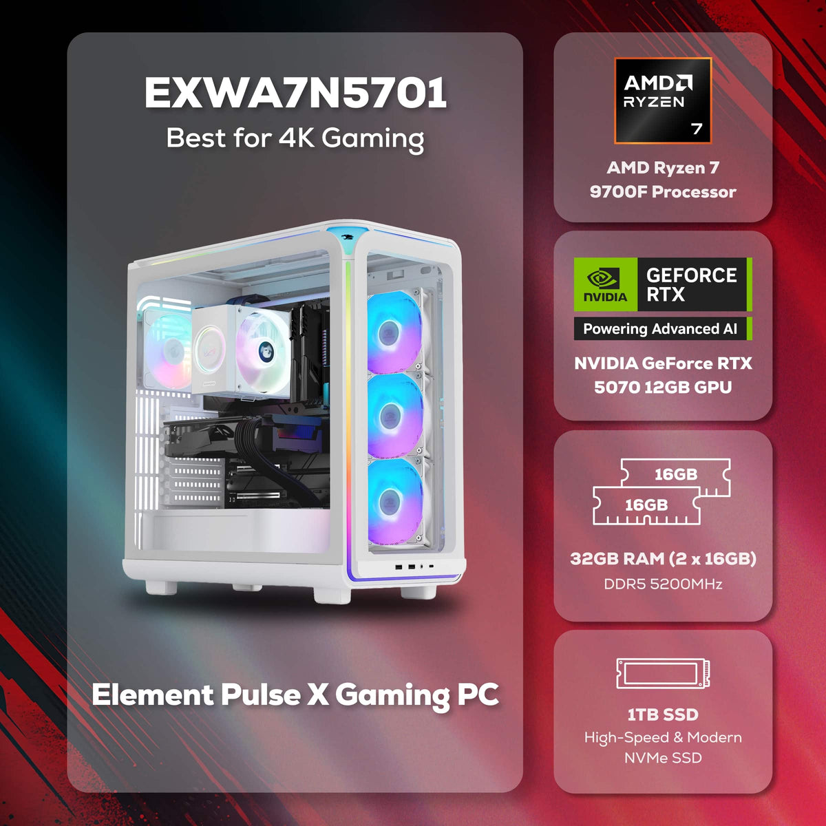iBUYPOWER - Element Gaming Desktop PC AMD Ryzen 7 9700F 2025 NVIDIA GeForce RTX 5070 12GB 32GB DDR5 1TB NVMe SSD Storage - White