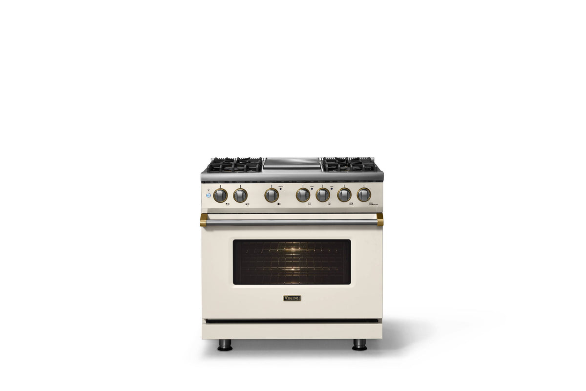 Viking - 36"W. Pro5S 5.6 Cu. Ft. Freestanding Self-Clean Sealed 4B LP DF Convection Range/Grdl-Pure White/Brushed Brass - Pure White