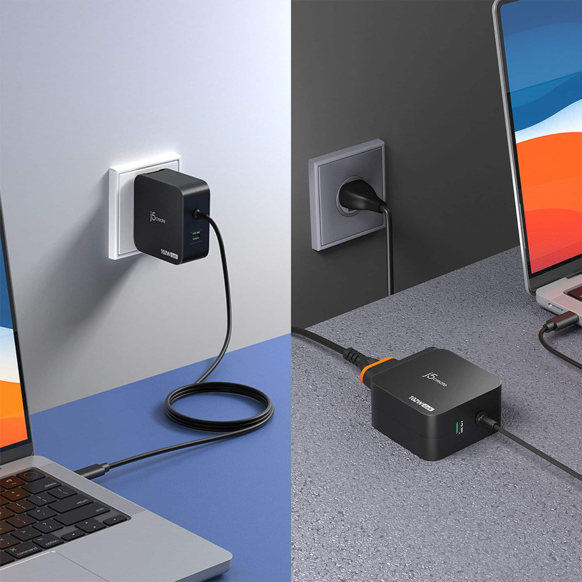 j5create - 102W Nano Super Charger for USB-C® 2-Port (GaNPower) With AC Extension Kits - Black