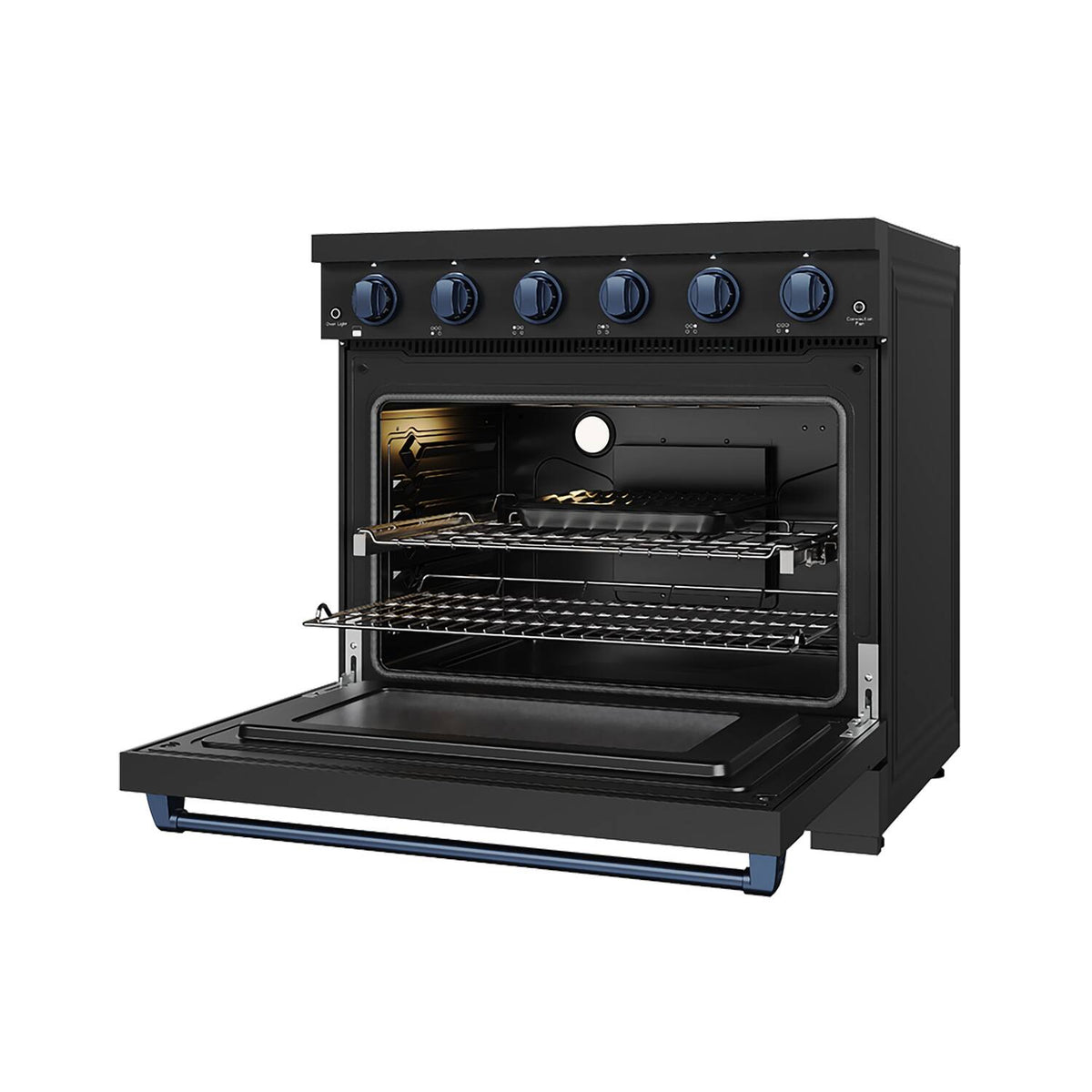 36 in. Wide 5 Elements Gordon Ramsay Series by Thor Kitchen 6.0 Cu.Ft Freestanding Electric Range with Navy Blue Handles - Black