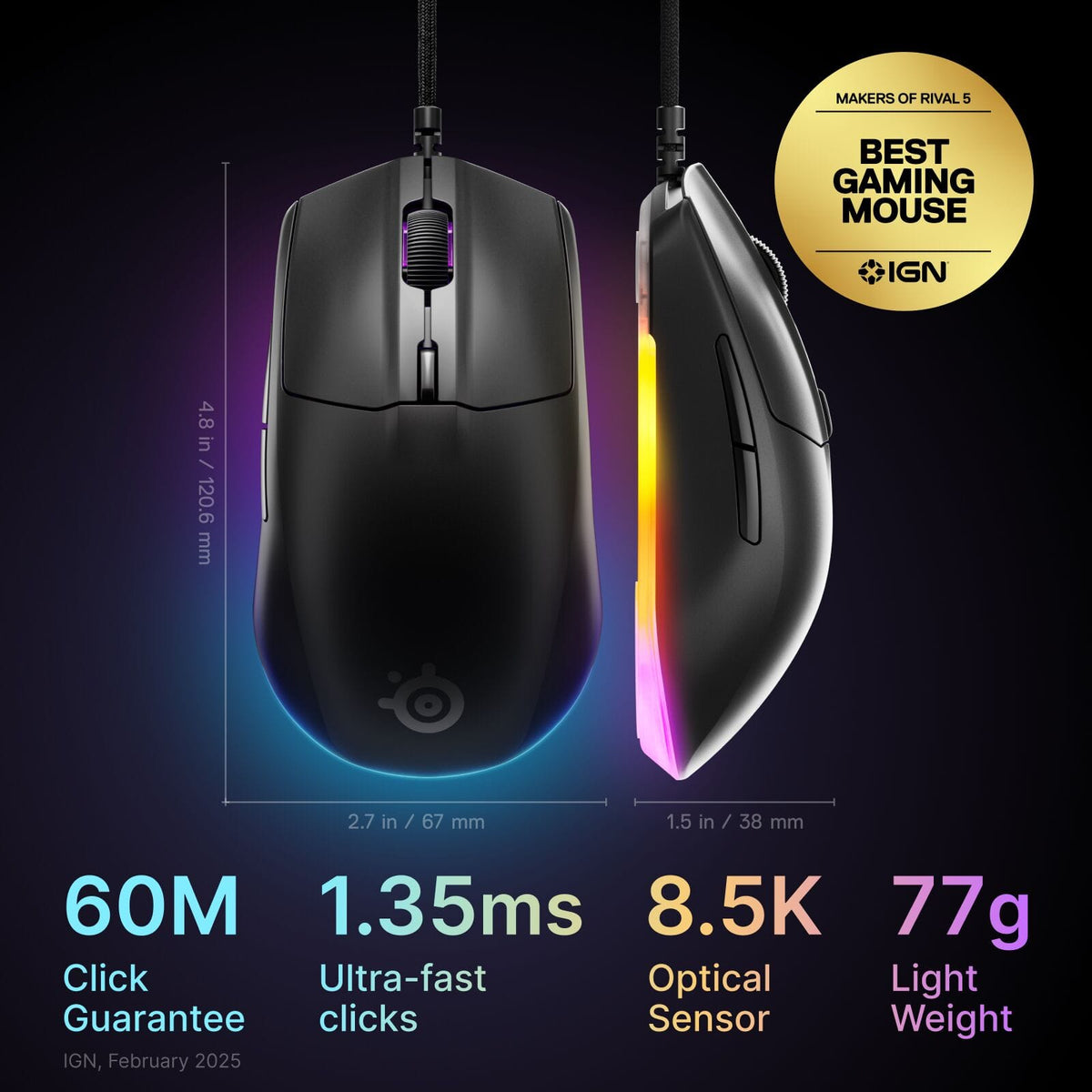 SteelSeries - Rival 3 Gen 2 Wired Optical Gaming Mouse with 3-Zone RGB for PC - Wired - Black