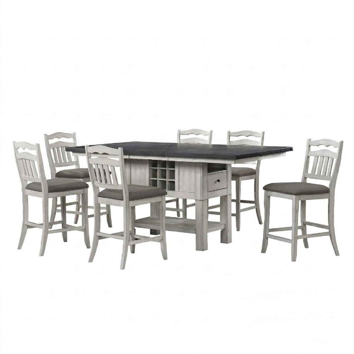 Juego de comedor de 7 piezas a altura de mostrador con base de almacenamiento y sillas con respaldo de escalera - Blanco antiguo / Gris