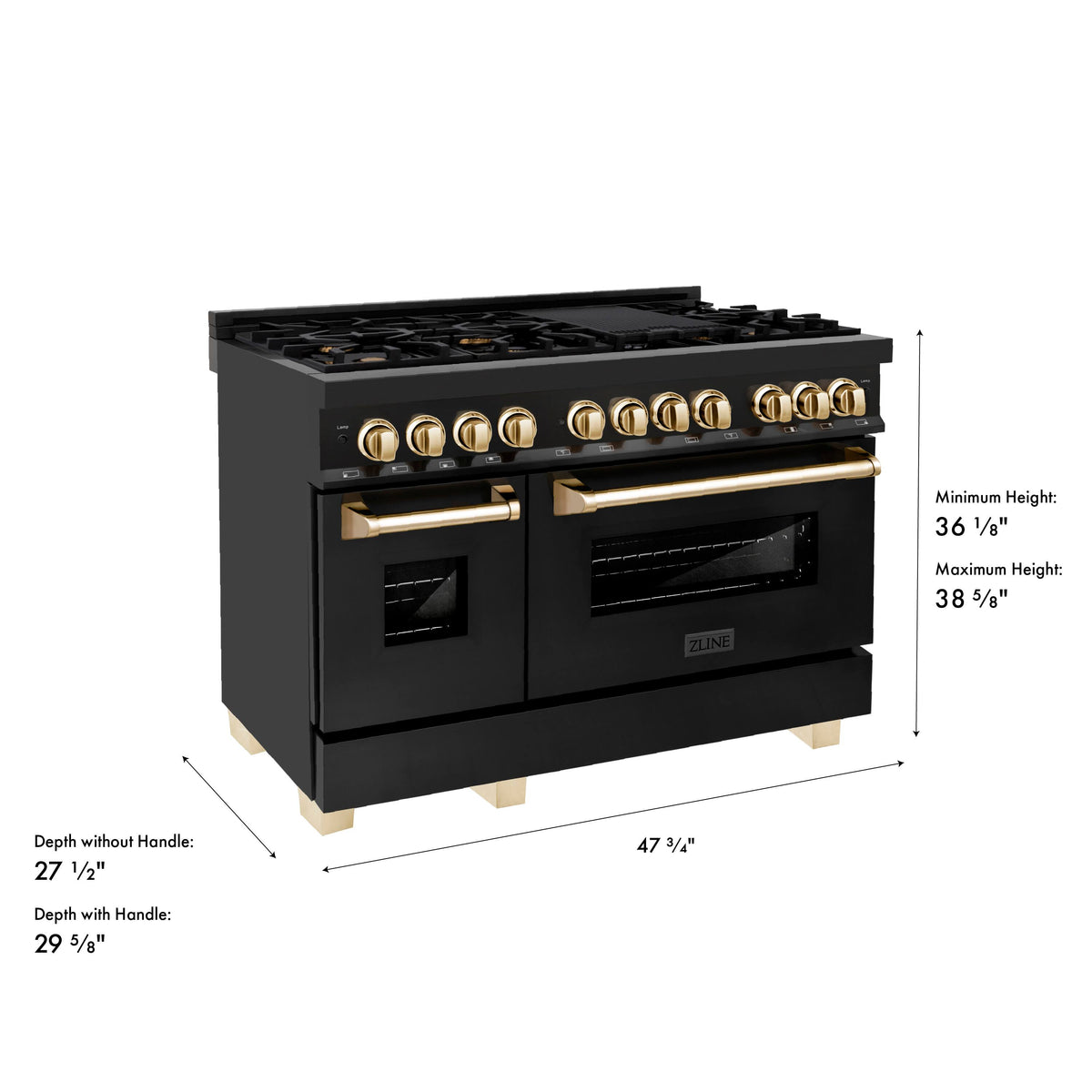 ZLINE - 48 in. Wide 7 Burner Autograph 6.0 cu. ft. Freestanding Legacy Dual Fuel Range with  Black Steel & Gold Accents - Black
