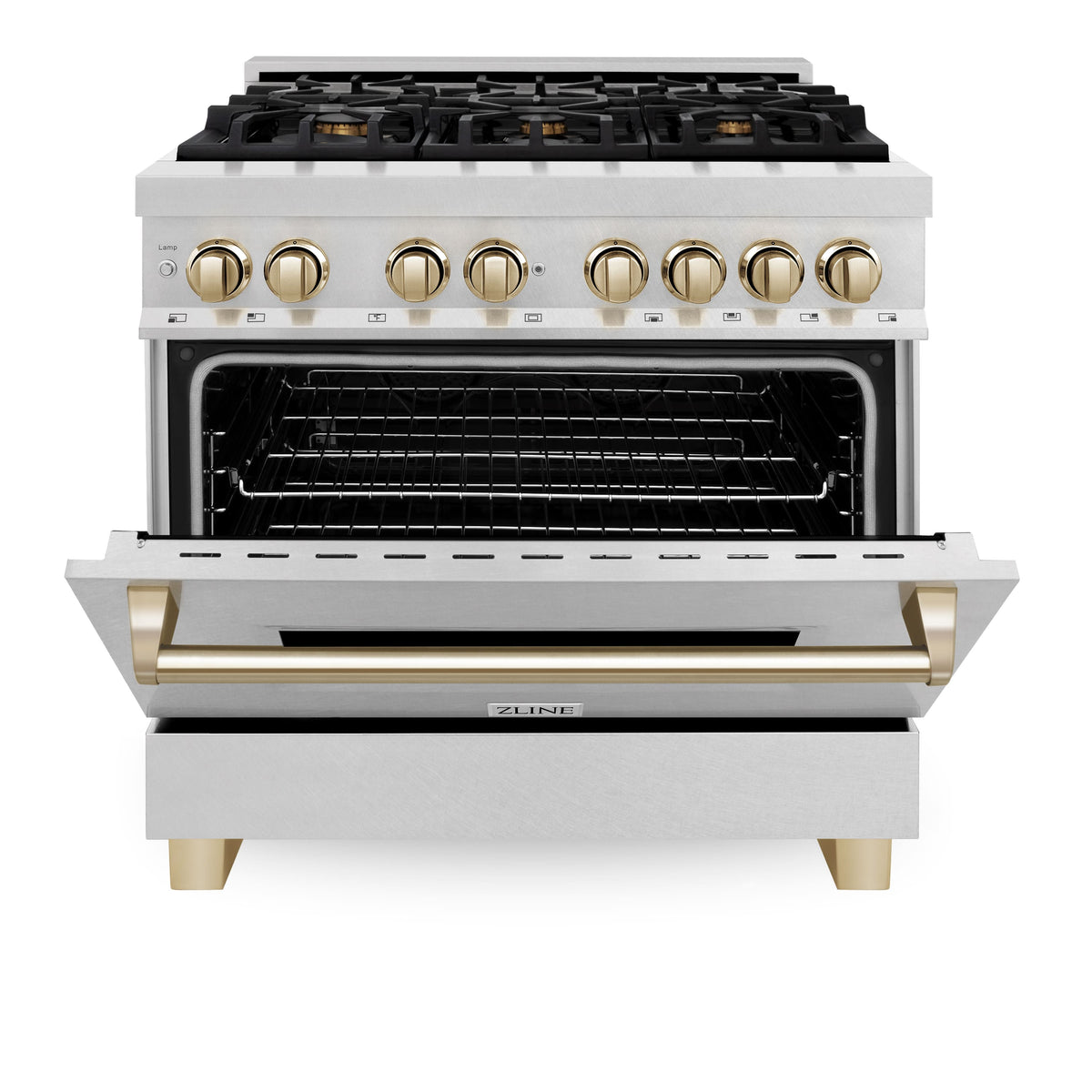 36 in. Wide 6 Burner ZLINE Autograph Legacy Dual Fuel Range in Satin Steel & Gold Accents (RASZ-SN-36-G) - Stainless Steel