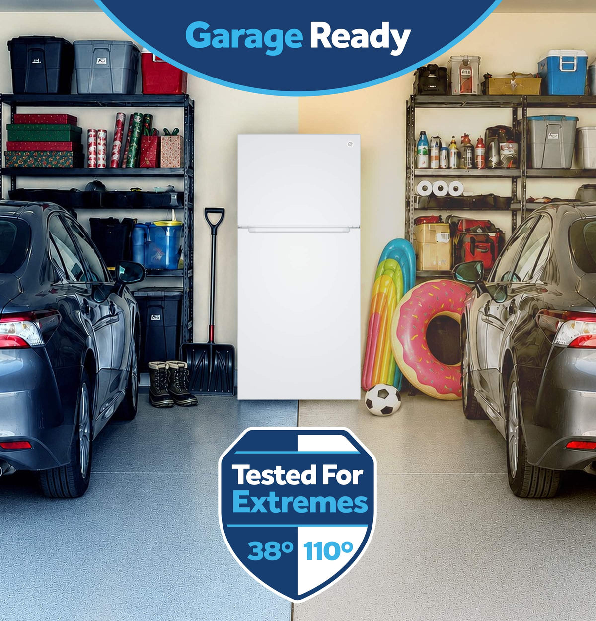 GE - 30 in. Wide 21 Cu. Ft. Freestanding Garage Ready Top Freezer Refrigerator with Bright LED Lighting - White