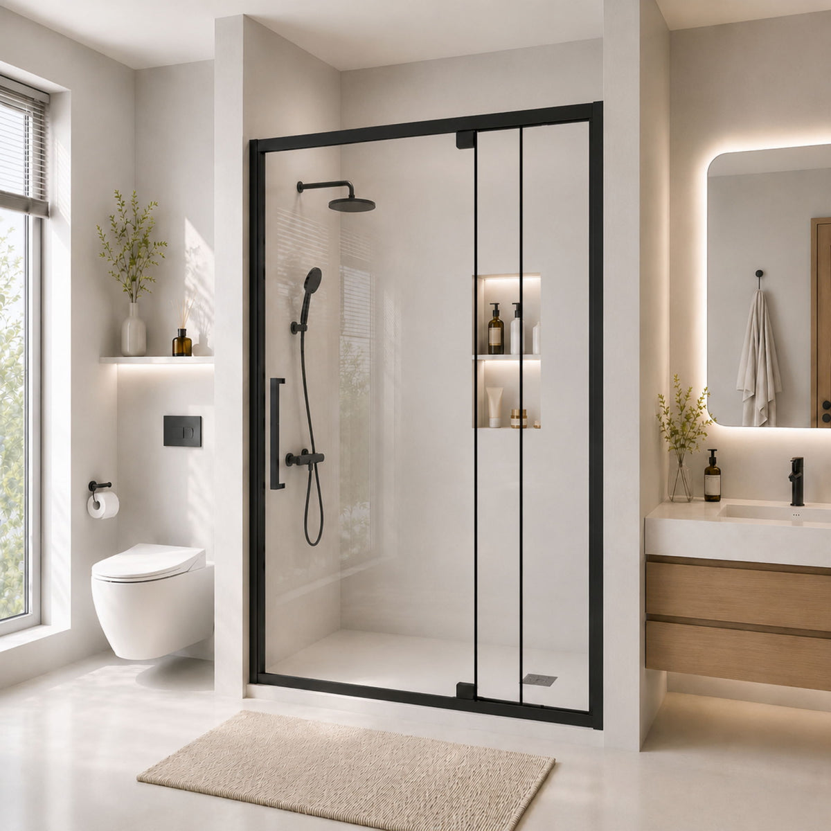 Puerta de ducha pivotante semisin marco, diseño reversible