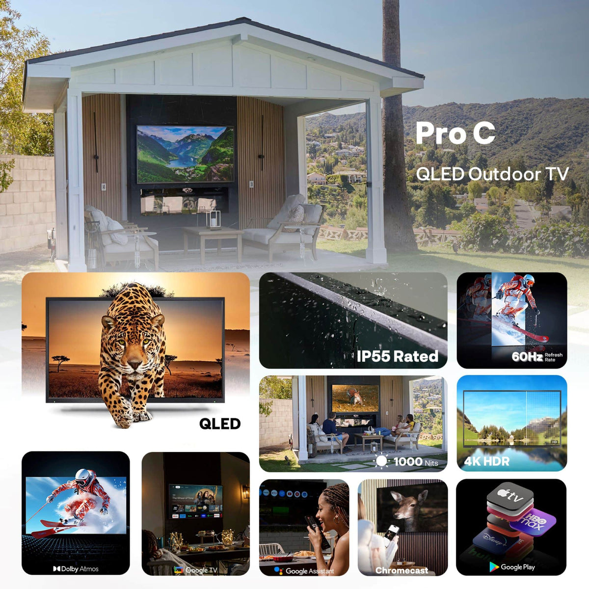 Sylvox - 43" Class Pro Q Series Partial Sun Smart Outdoor TV, 1000 Nit 4K UHD QLED Google TV, IP55 Waterproof (2025)