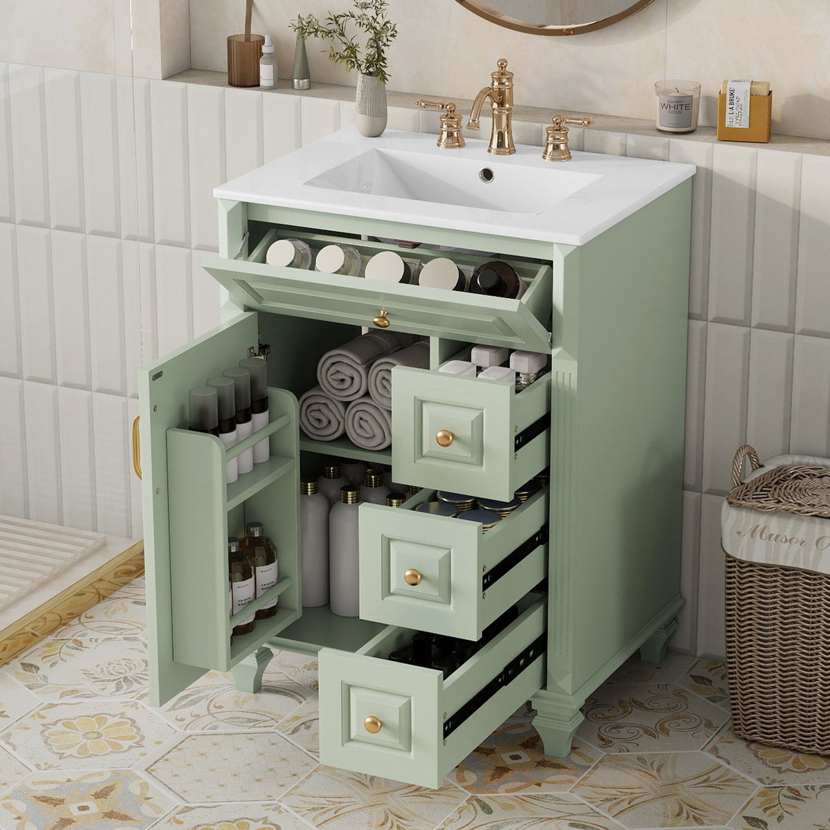 Tocador de baño independiente con lavabo, 3 cajones y cajón abatible
