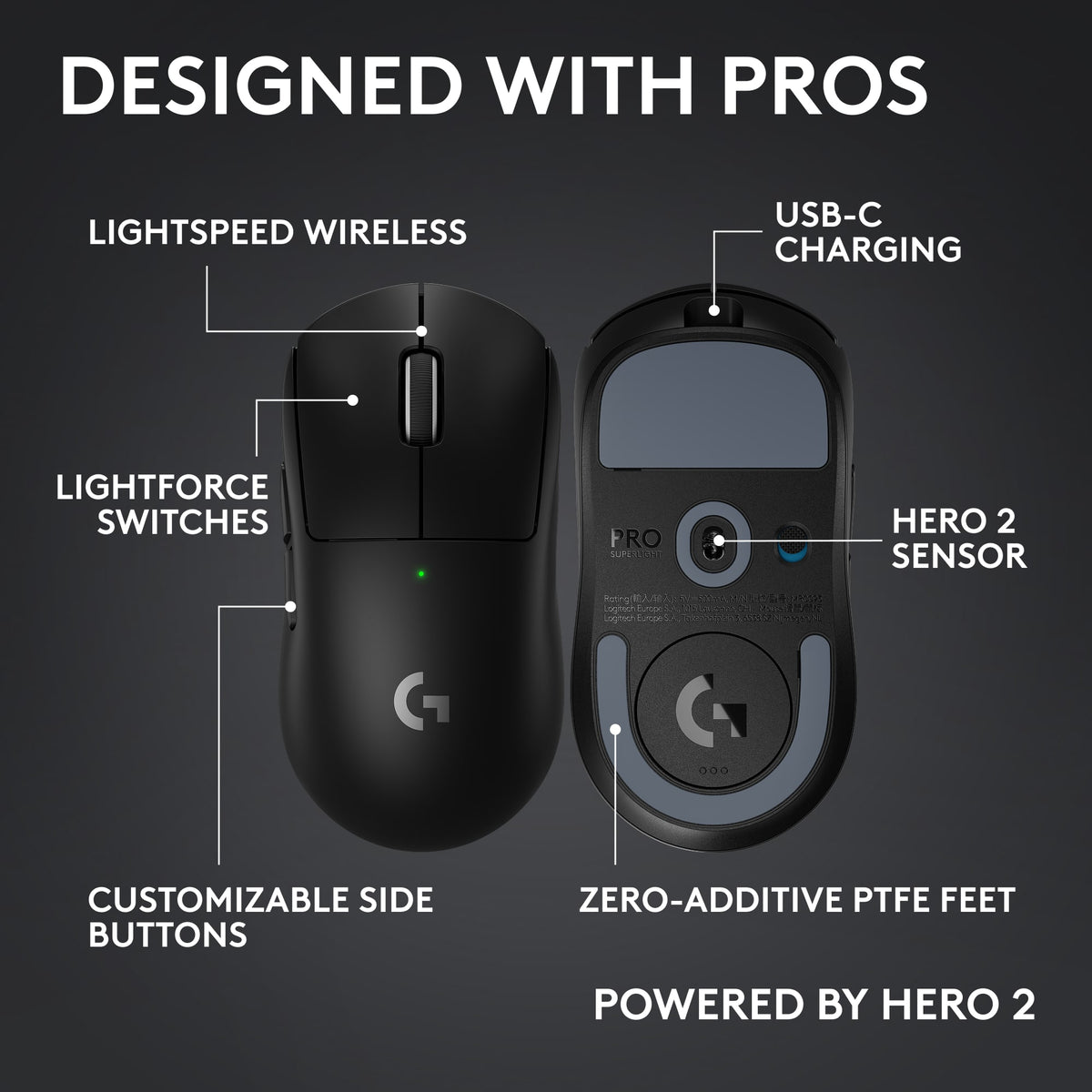 Logitech - PRO X SUPERLIGHT 2c LIGHTSPEED Lightweight Compact Wireless Optical HERO 2 Sensor 44 000 DPI Gaming Mouse for PC - Wireless - Black