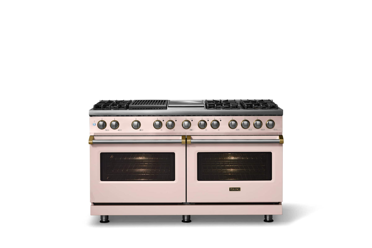 Viking - 60"W. 8 Burner Pro 5 Series 9.4 Cu. Ft. Freestanding Sealed LP Dual Fuel ConvectionRange with Brushed Brass Trim - Blush