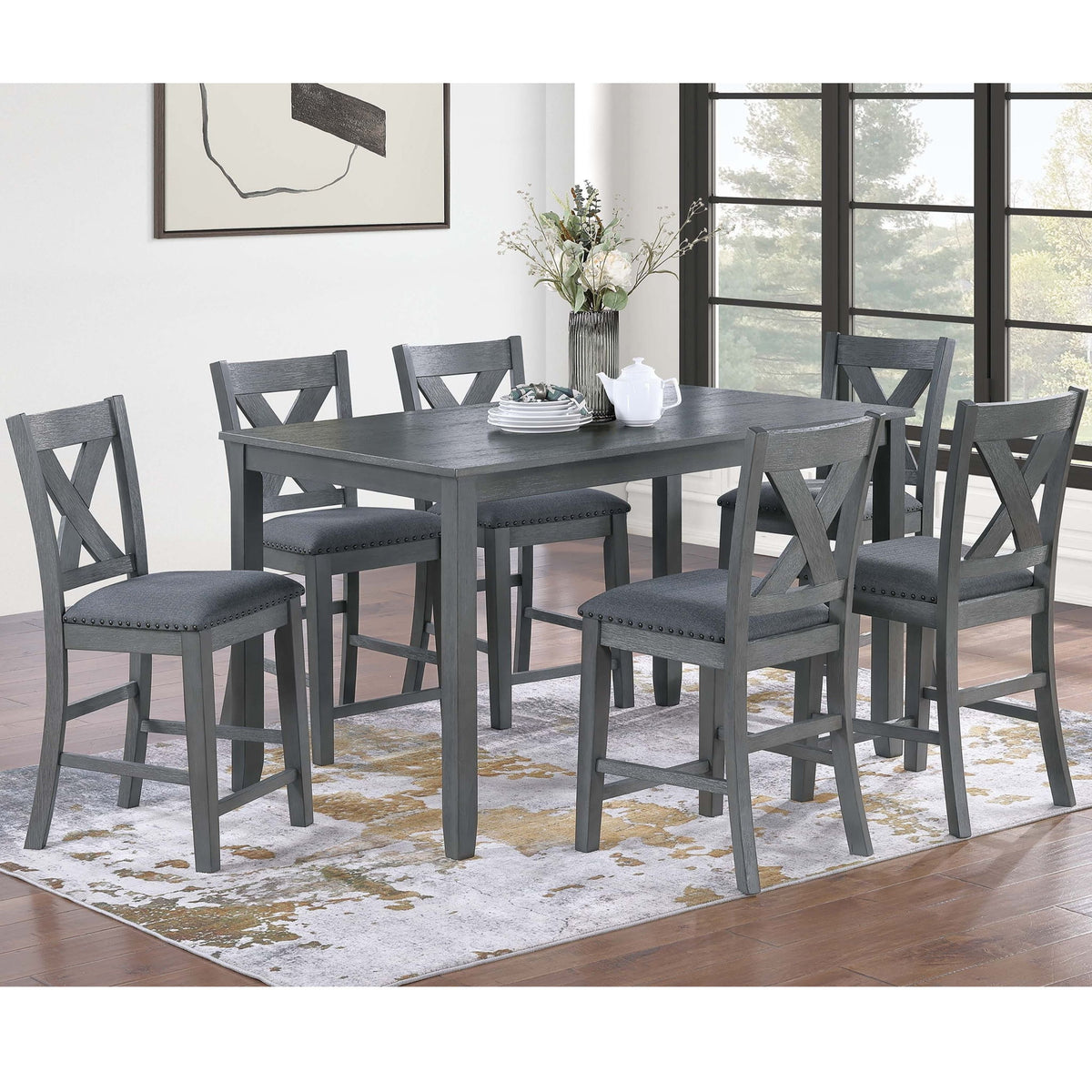 Juego de comedor de 7 piezas, mesa de altura de mostrador y 6 sillas - Gris