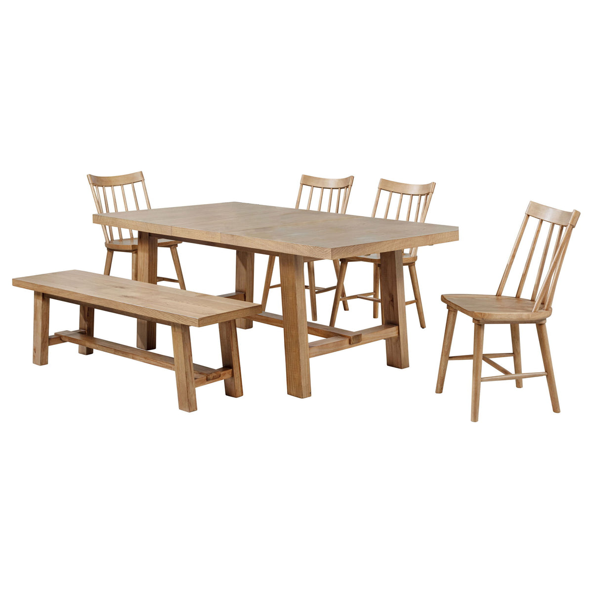 Juego de comedor de 6 piezas con extensión, mesa extensible, sillas con respaldo de husillo y banco - Natural