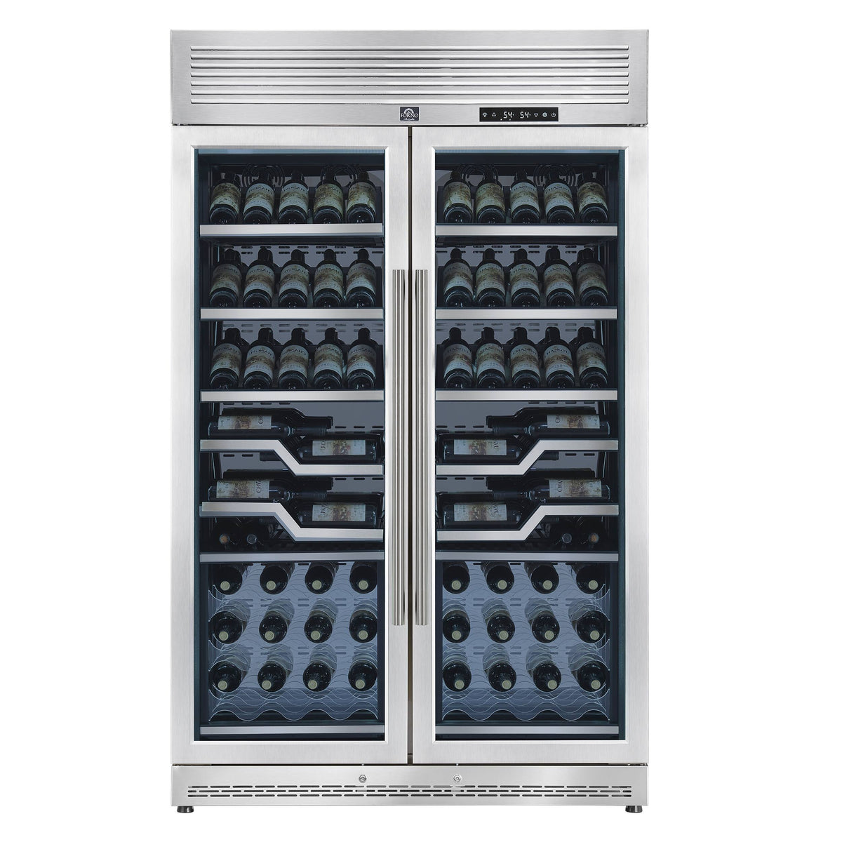 Forno Appliances - Abruzzo 102-Bottle Freestanding Dual Zone Wine Cellar with Clear Acrylic Holders & Stainless Trim Shelves - Stainless Steel