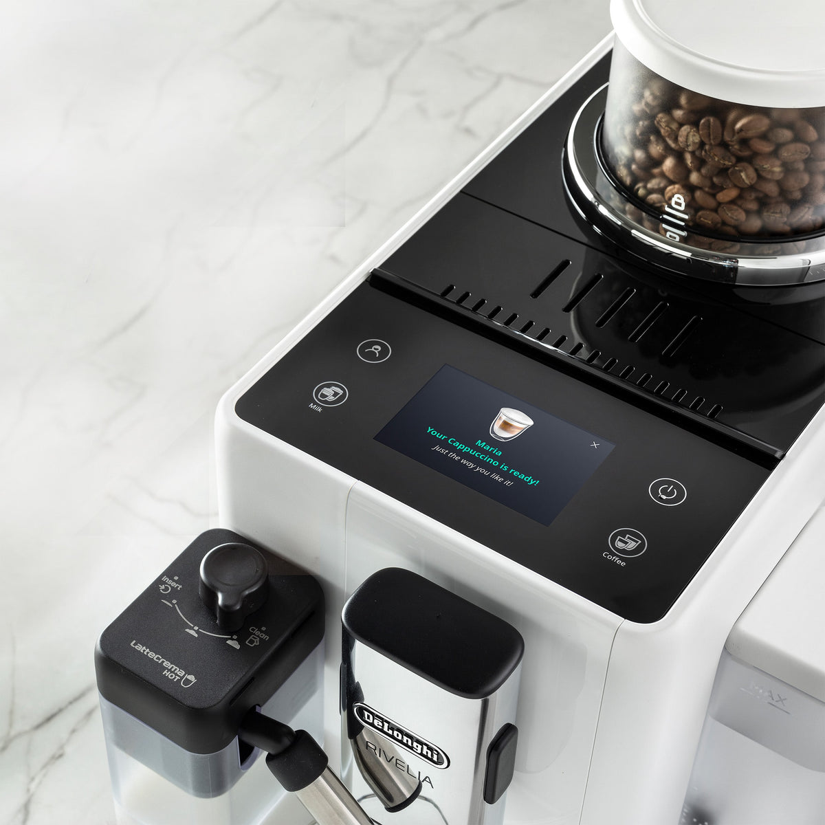 De'Longhi - Rivelia Fully Automatic Espresso Machine, Integrated Grinder, 2 Removable Bean Hoppers, Automatic Milk Frother - Arctic White