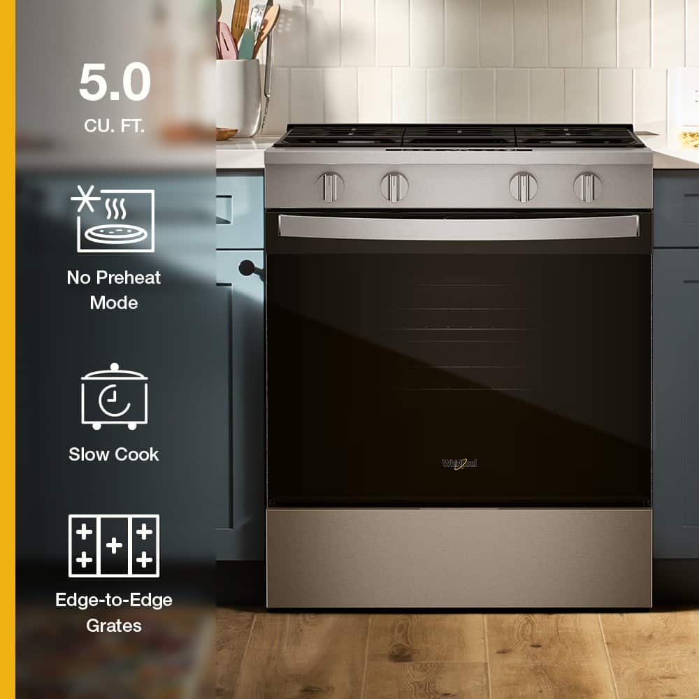 Whirlpool - 30 in. Wide 4 burners 5.0 cu. ft. Freestanding Slide-In Gas Range with No Preheat and Slow Cook Modes - Stainless Steel