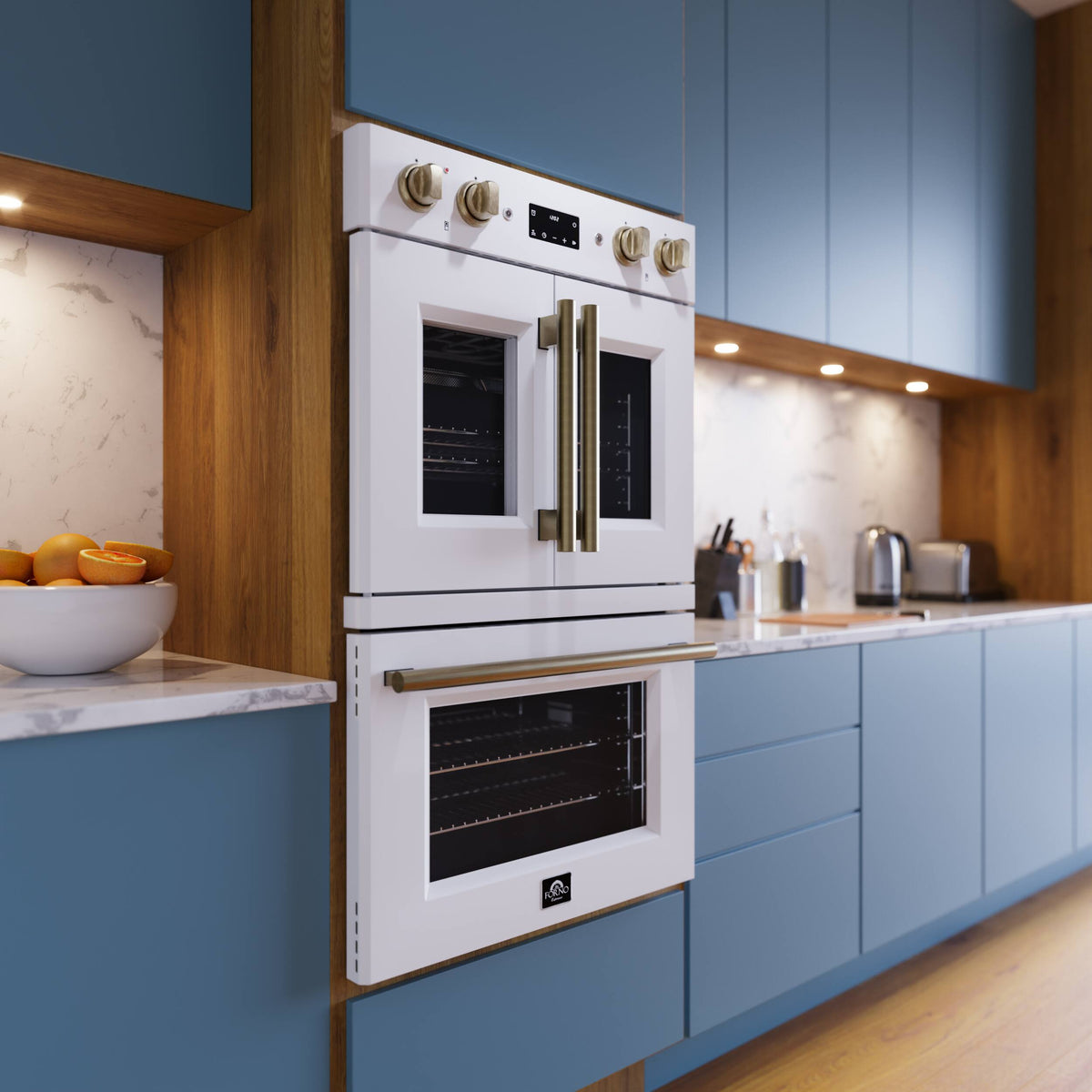 Forno Appliances - Asti 7.36 Cu. Ft. Electric Double Wall Oven with Upper French Doors and Antique Brass Accents - White
