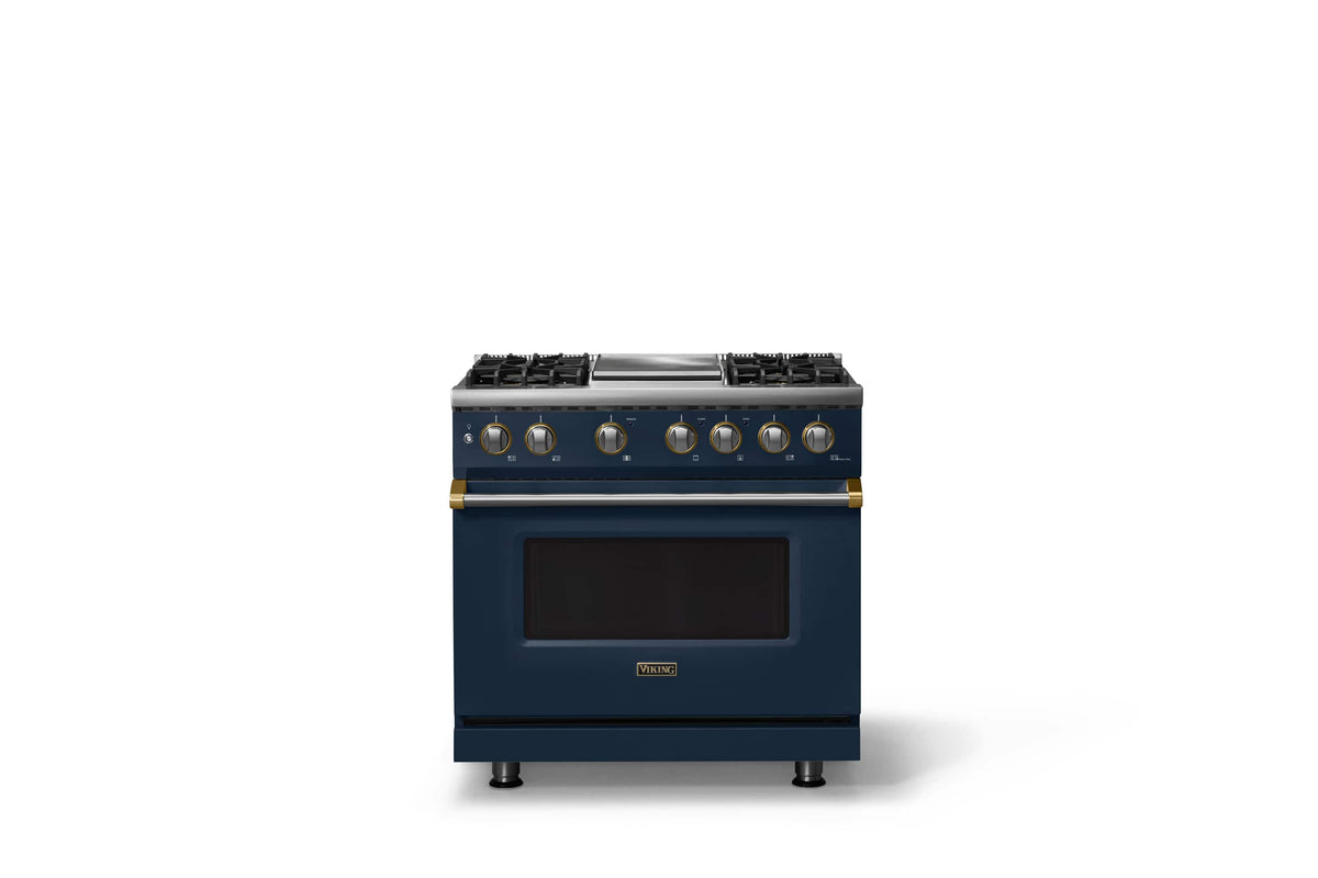 Viking - 36 in. Wide 4 Burner Pro 5 Series 5.6 Cu. Ft. Freestanding Sealed LP DF Convection Range/Grdl with Brushed Brass Trim - Slate Blue