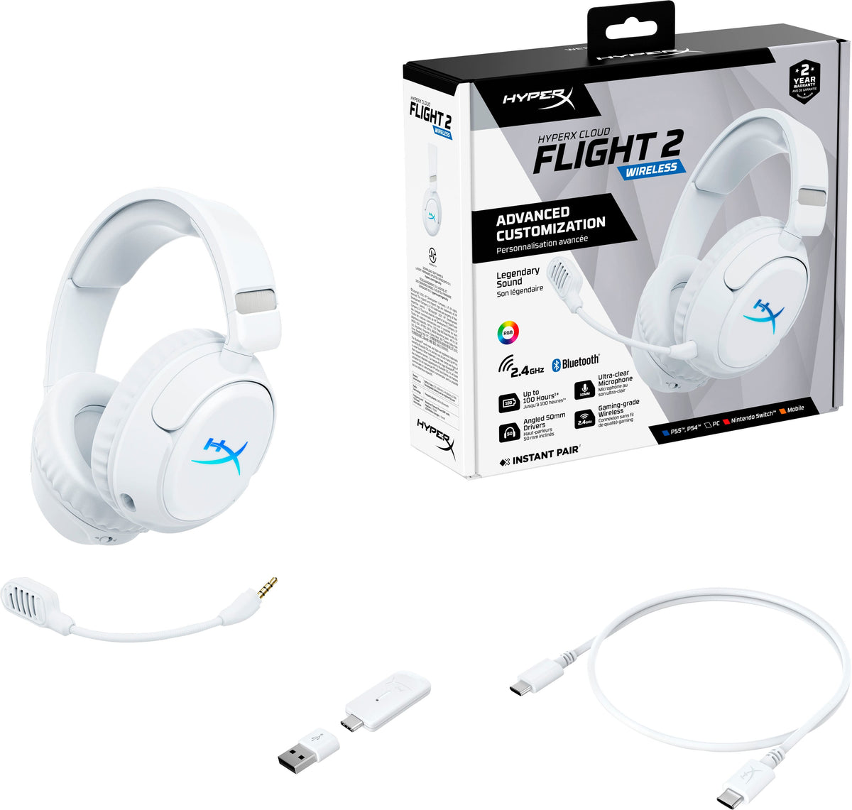 HyperX - Cloud Flight 2 Wireless Gaming Headset for PC, PS5, PS4, Nintendo Switch, Mac, Mobile, and Bluetooth - White