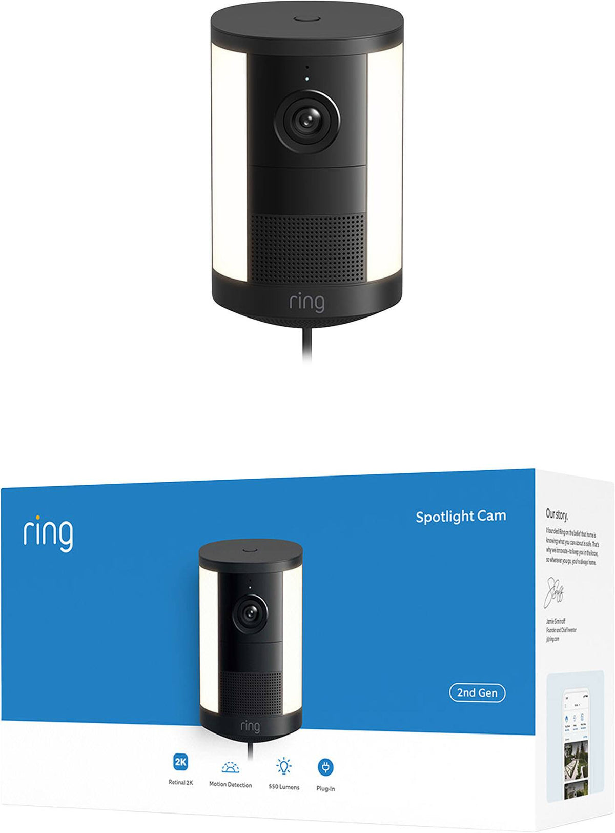 Ring - Spotlight Cam, Plug-In (newest model), Wide-Angle Retinal 2K Video, 6x Enhanced Zoom, Motion-Activated Spotlights - Black