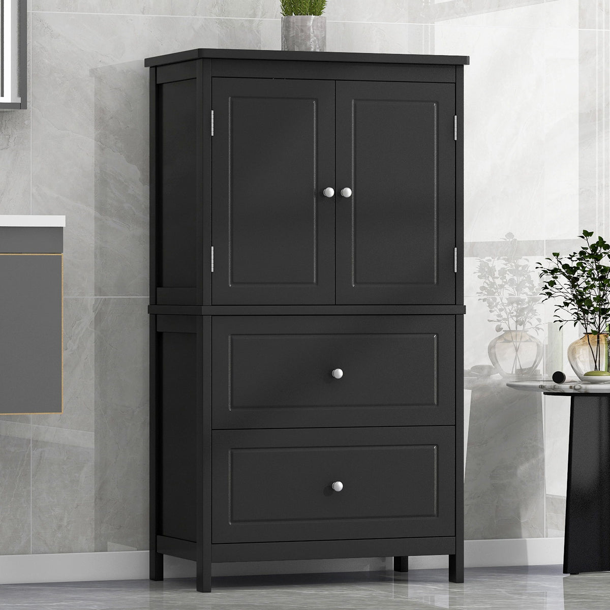 Gabinete de almacenamiento para baño con 2 puertas y cajones, estante ajustable