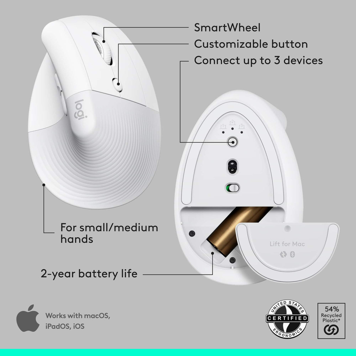 Logitech - Wave Keys for Mac and Lift Vertical for Mac Wireless Ergonomic Keyboard and Mouse Bundle for macOS/iPadOS - Off-White