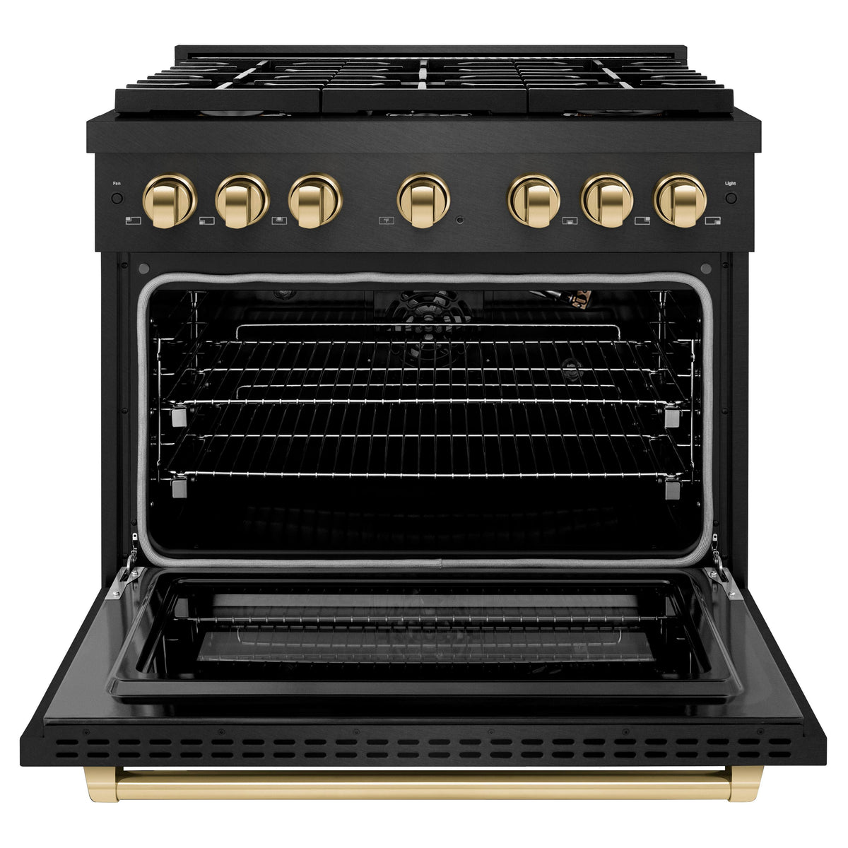 ZLINE - 36 in. Wide 6 Burner Autograph 5.2 cu. ft. Manual Clean Freestanding Gas Range with Gold Accents - Black Satin Stainless Steel
