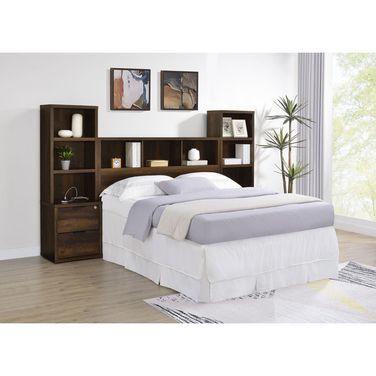 Geary - Set de dormitorio de 3 piezas con cabecero con estantería
