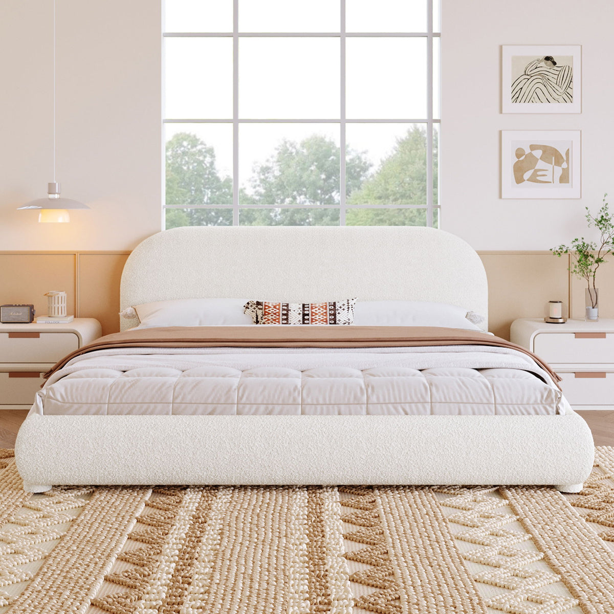 Cama doble tapizada de dormitorio moderna sencilla
