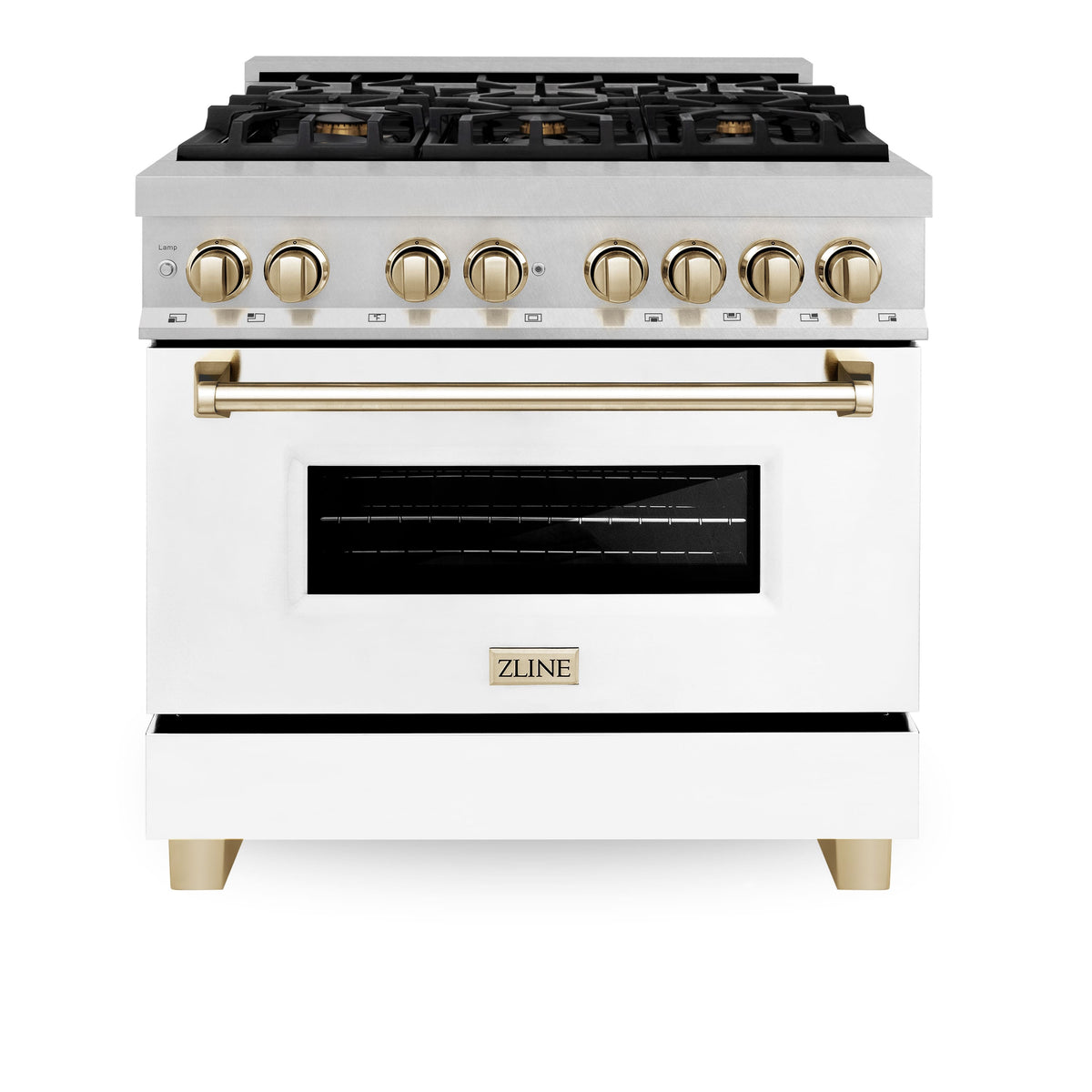 ZLINE - 36 in. Wide 6 Burner Autograph Legacy Dual Fuel Range in Satin Steel w/ White & Gold Accents (RASZ-WM-36-G) - Stainless Steel