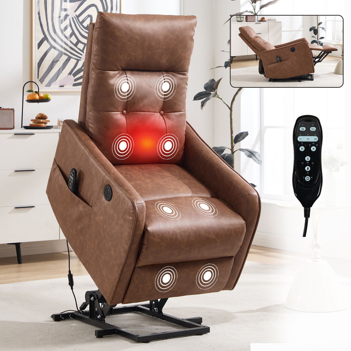 Sillón reclinable elevador con motor único, masaje, calor y puerto USB de carga - Marrón