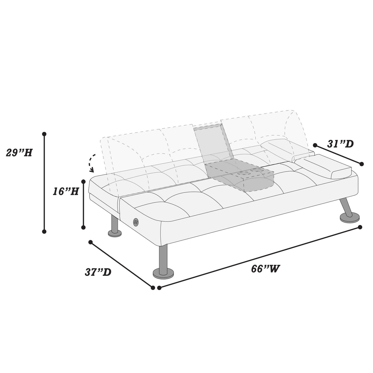 Sofá ajustable con mesa abatible y portavasos
