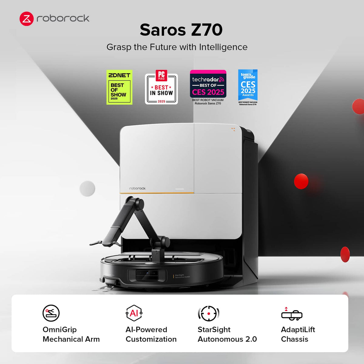 Roborock - Saros Z70 Robot Vacuum & Mop, OmniGrip Arm, 22,000Pa Suction, 3.14" Ultra Slim, Obstacle Avoidance, AdaptiLift Chassis - Silver