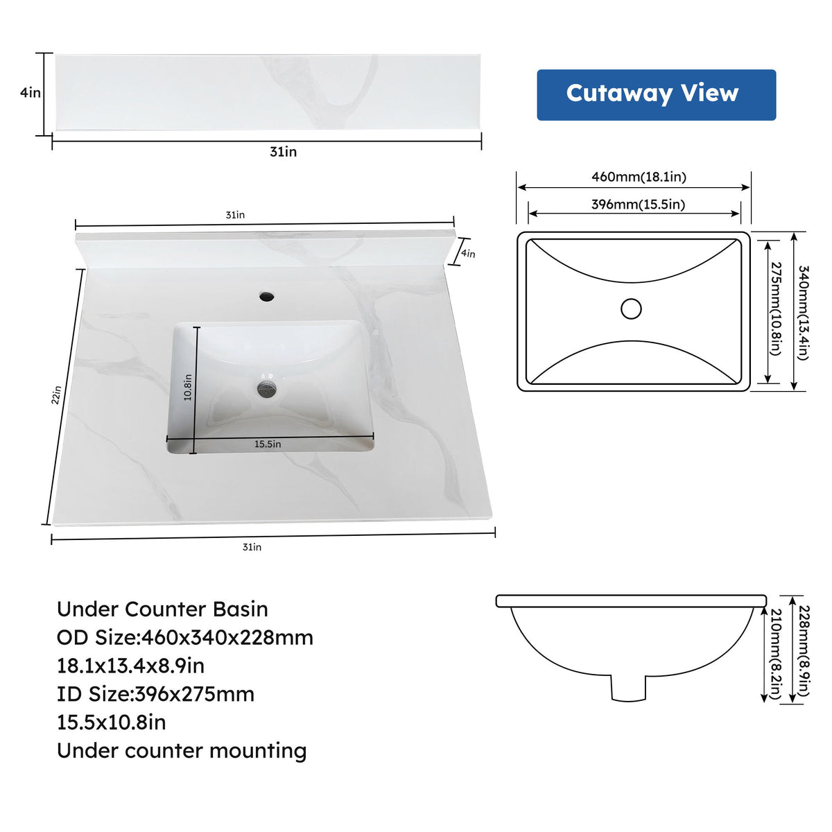Encimera de baño con lavabo bajo encimera de una cubeta