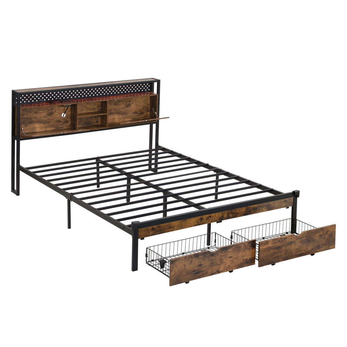 Estructura de cama de plataforma de metal moderna con cabecero de madera, estación de carga USB y cajones de almacenamiento